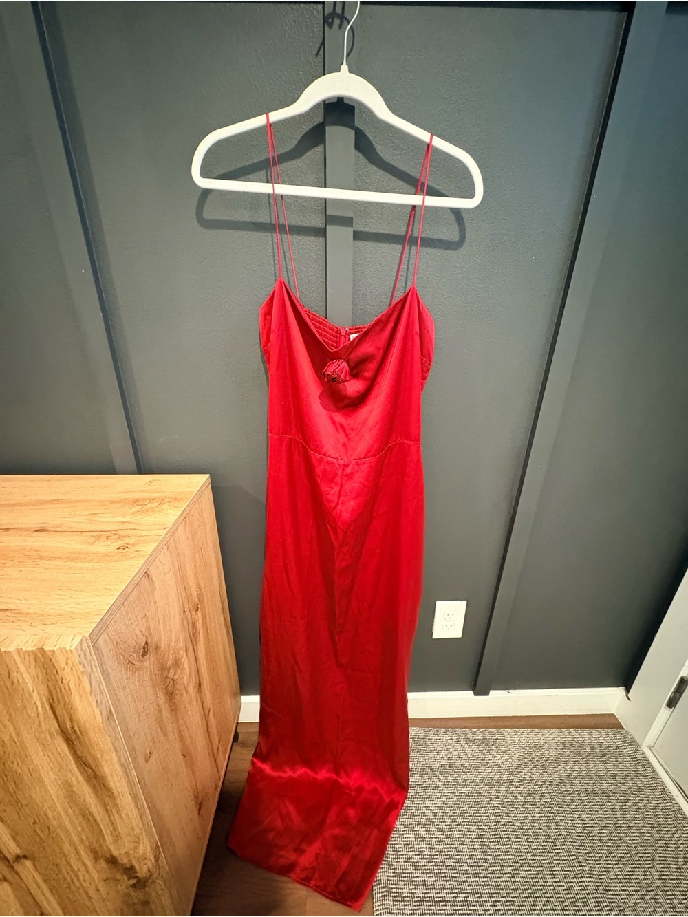 Reformation Frankie Red Satin Slip Dress with rose appliqué